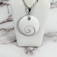 Thumbnail for Shiva Eye Swirl 1.4’ Fossil Pendant #LV3163 - White Shell Pendant on White Necklace