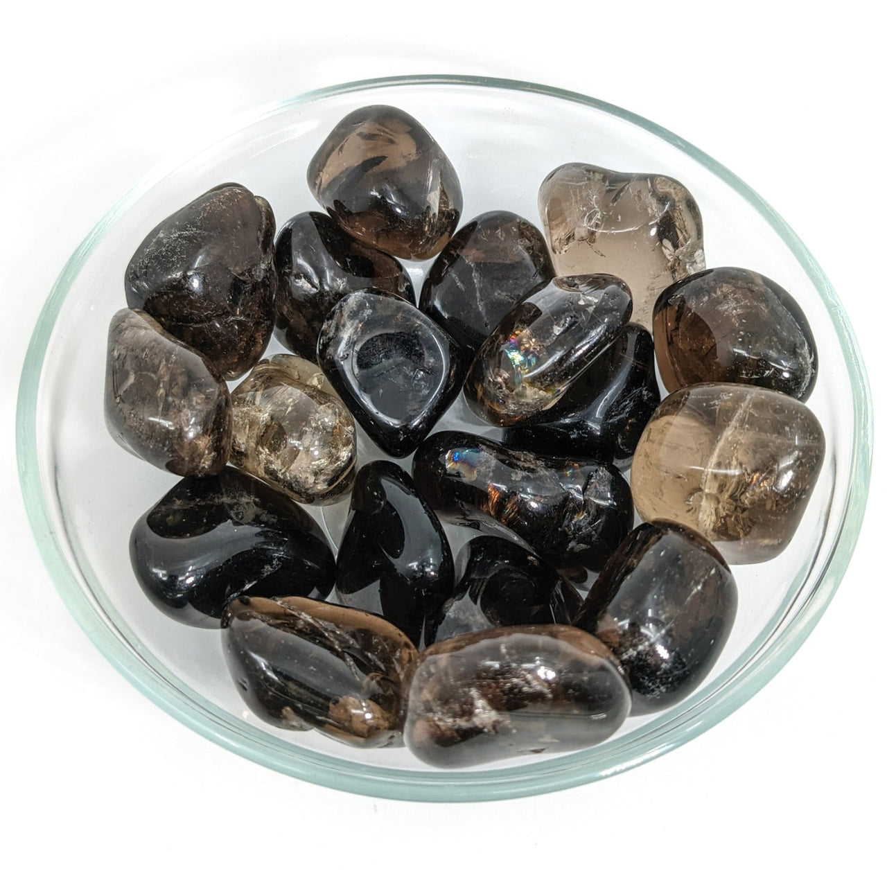 A bowl of Smoky Quartz tumbled stones from product #SK9260