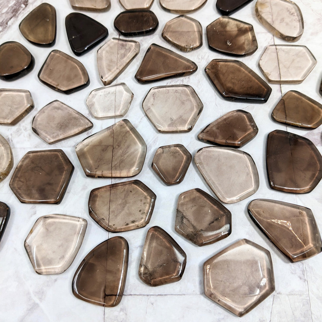 Smoky quartz polished slice - flat-shaped, brown and white glass shards, product #LV2251