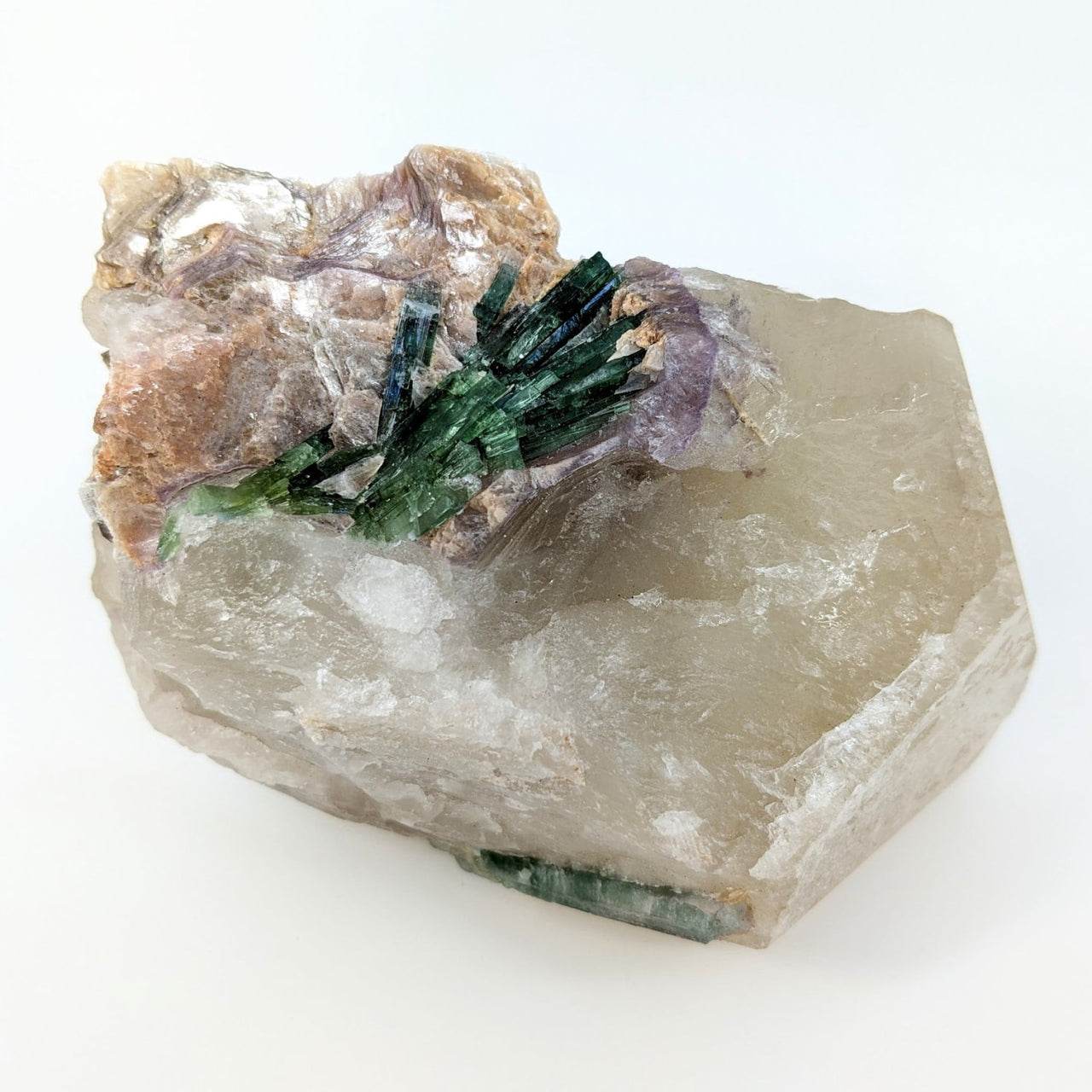 Smoky Quartz Rough Point with Green Leaf and Tourmaline Lepidolite Display #LV2430