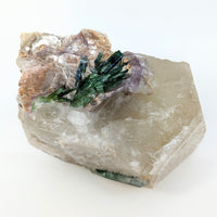 Thumbnail for Smoky Quartz Rough Point with Green Leaf and Tourmaline Lepidolite Display #LV2430