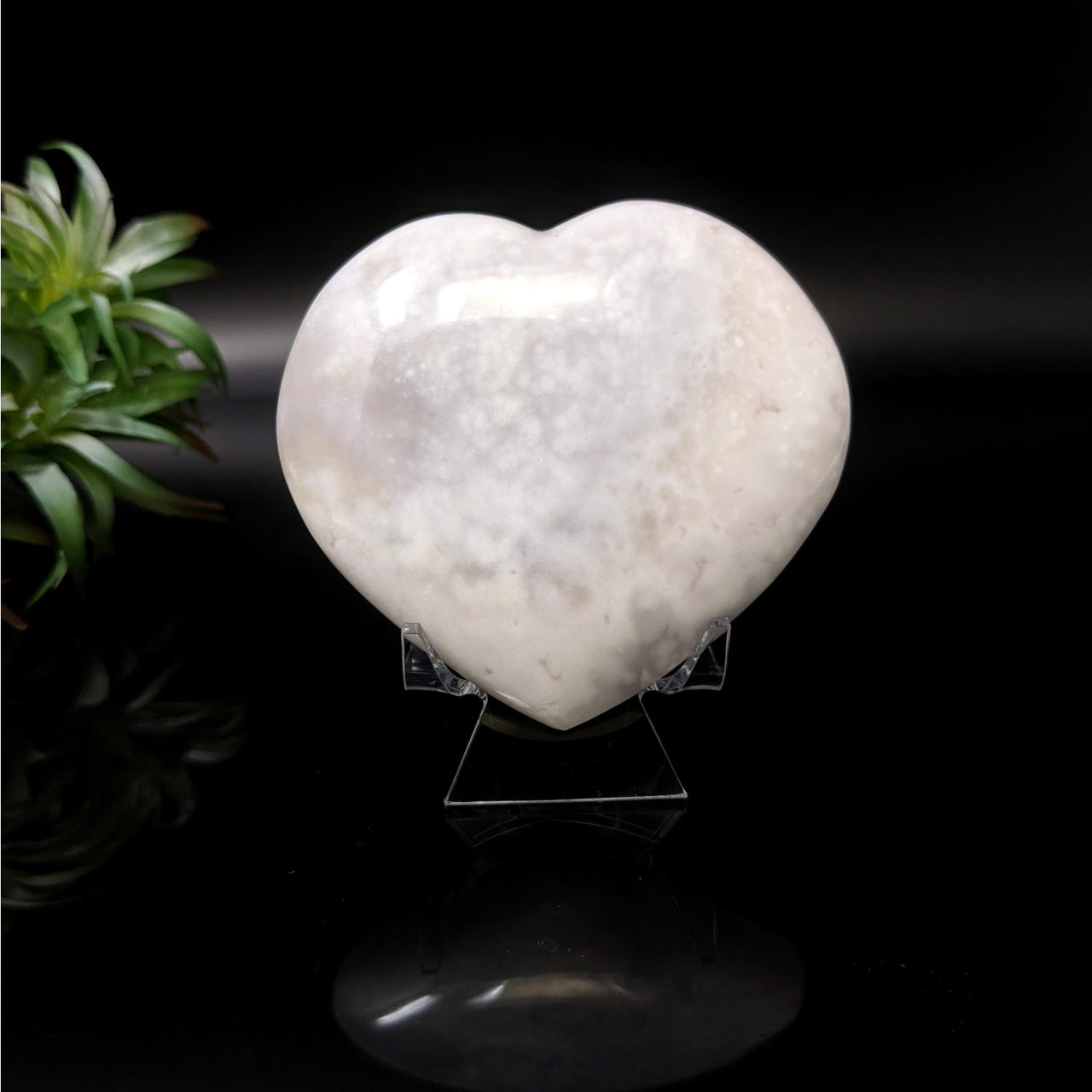 White Snow Flower Agate Heart Stone on Black Background - 3.1’ Heart #LV4732