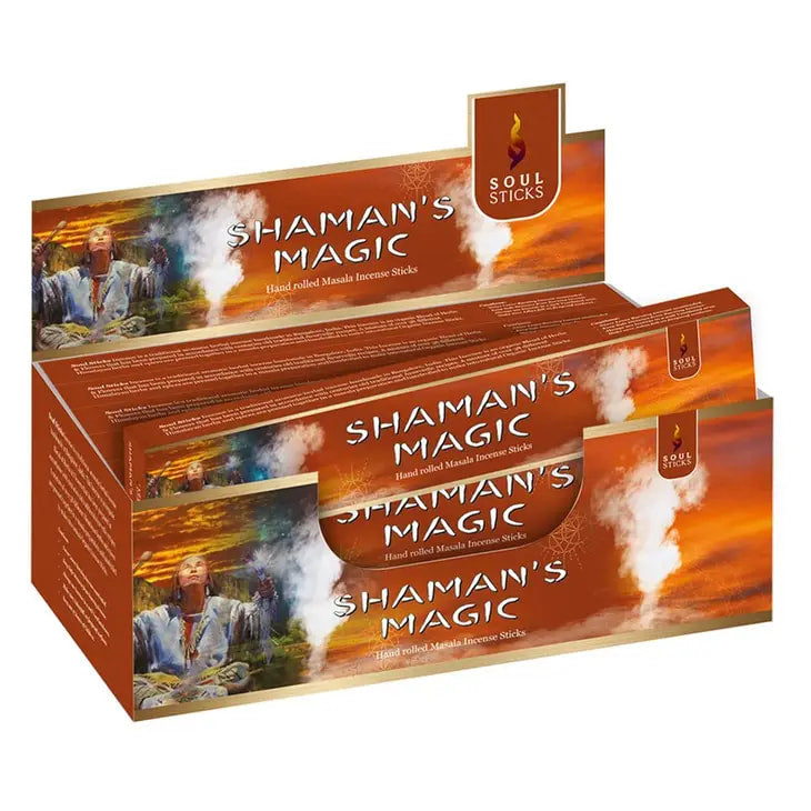 Close-up of two boxes of Shaman’s Magic Shavings and Soul Sticks Natural Incense #Q350