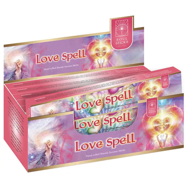 Close up of Soul Sticks Natural Incense Stick #Q350: two boxes of love spell incense