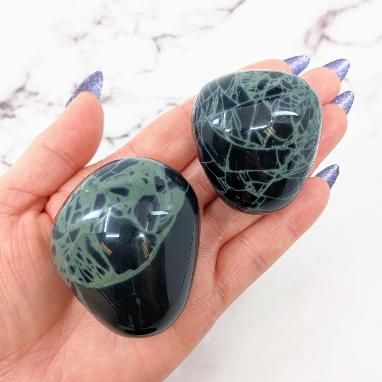 Spider Web Obsidian Pebble marbles in black and green, product #LV2738