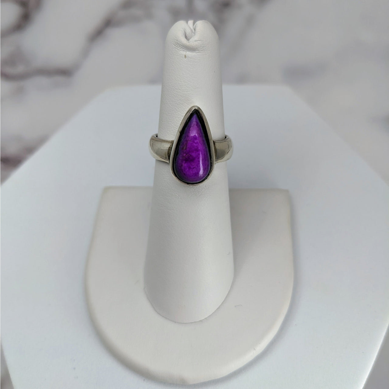 Sugilite Ring Size 5.5 Sterling Silver #LV3408 - Purple Stone Ring on White Stand