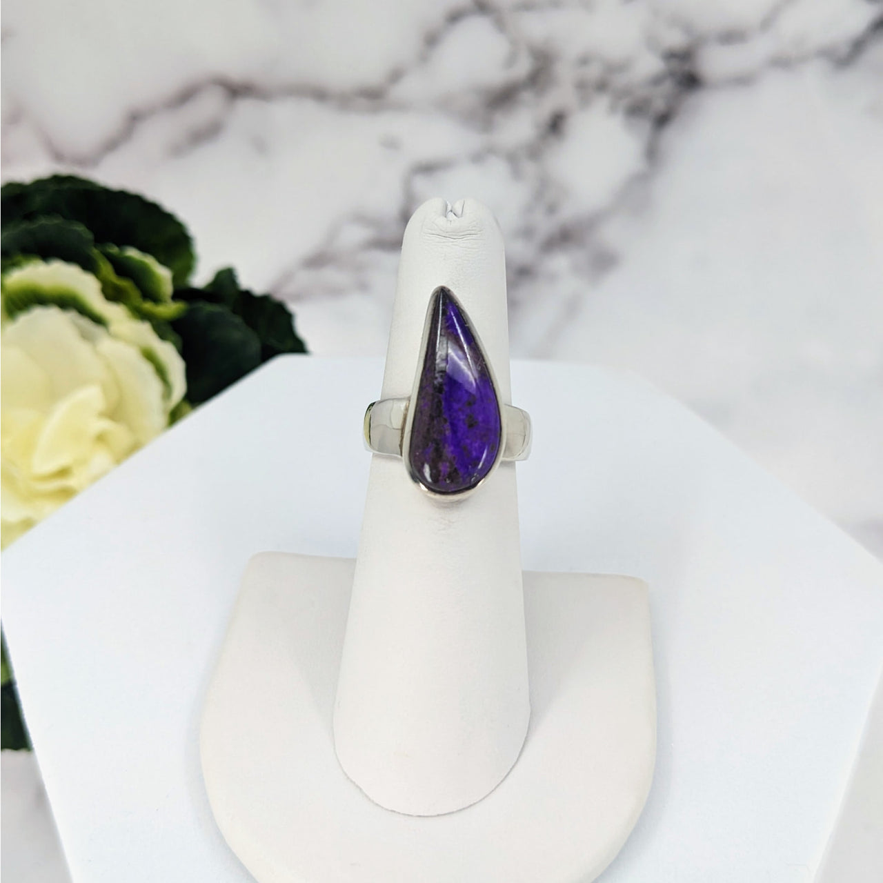 Sugilite Ring Size 5.75 Sterling Silver #LV3411 on White Stand - Purple Stone Ring