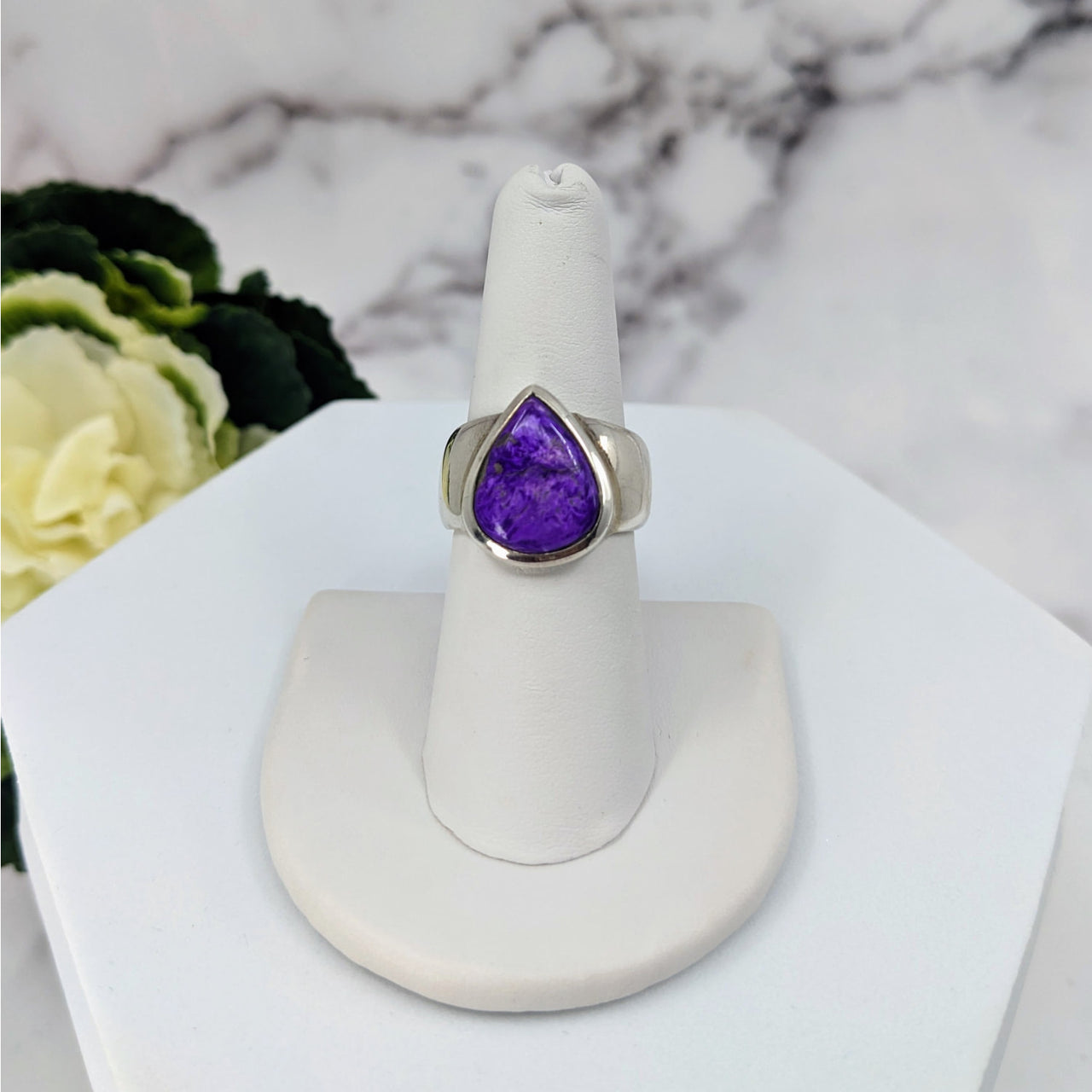 Sugilite Ring Size 6.5 Sterling Silver #LV3401 displayed on a white stand