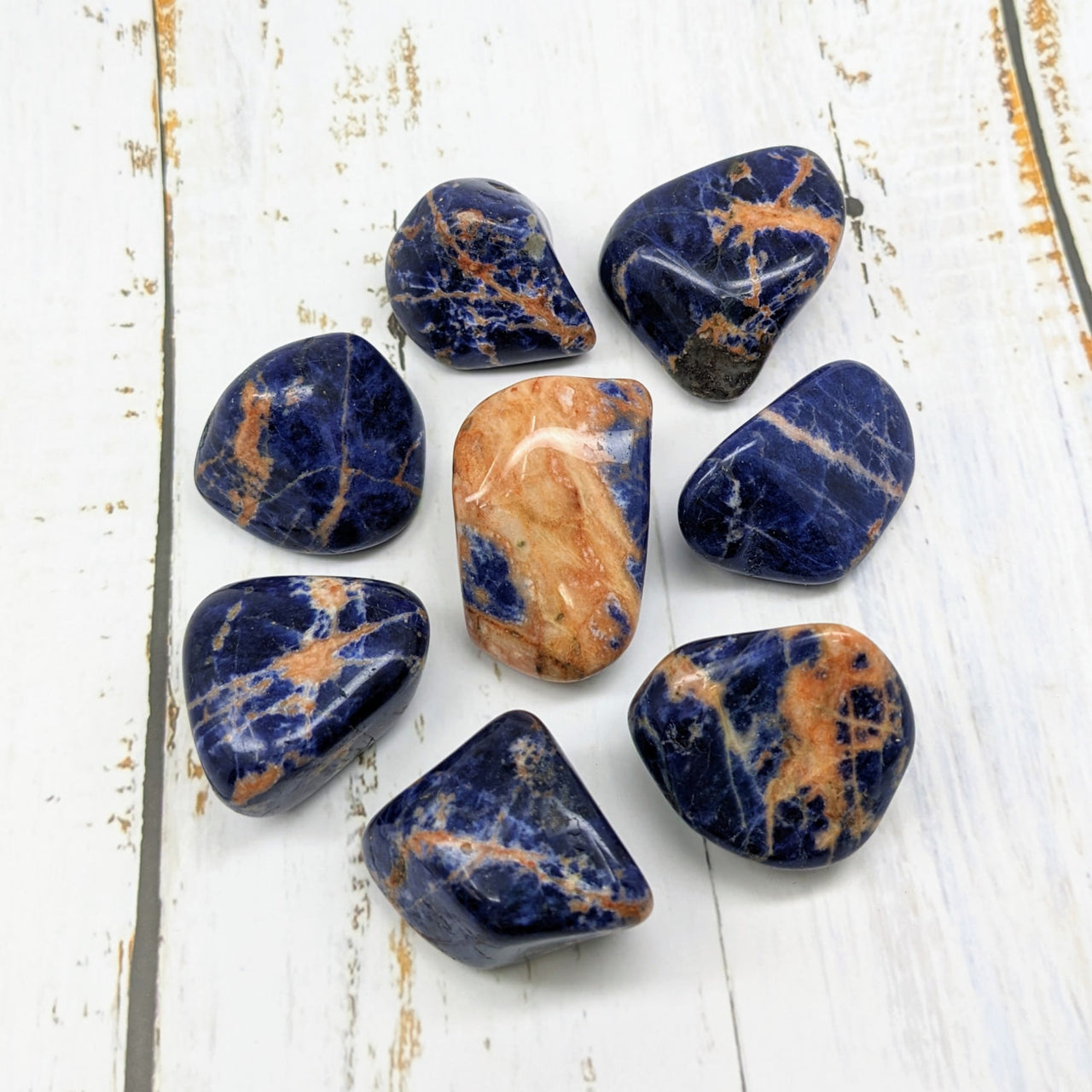 Sunset Sodalite Tumble #SK5894: Dark blue and orange jasperite stones for sale