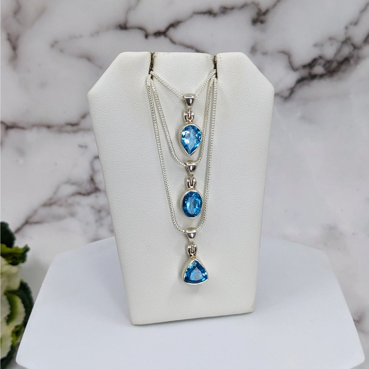 Swiss Blue Topaz Faceted Sterling Silver Pendant necklace with blue topaz and silver chain