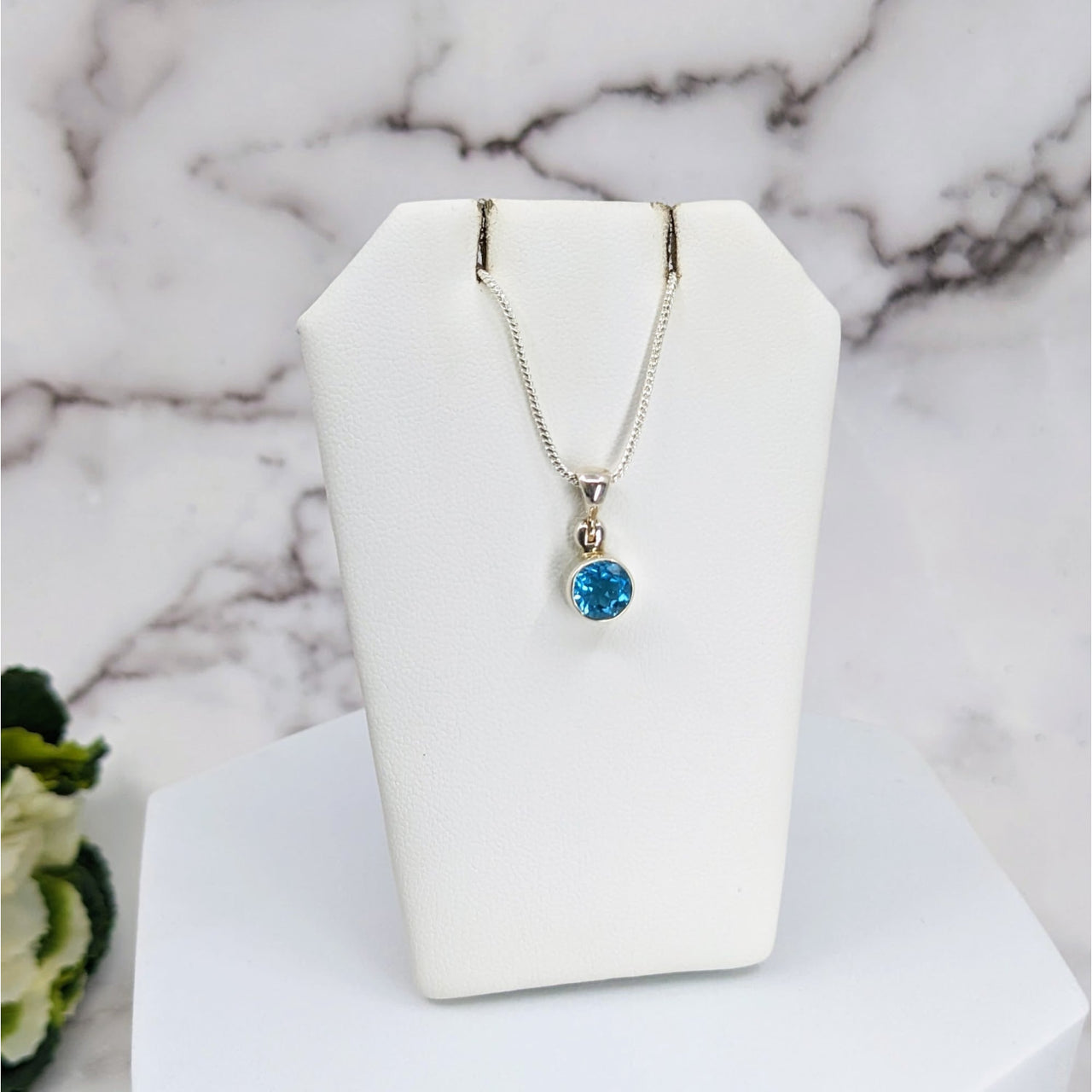 Swiss Blue Topaz Faceted Sterling Silver Pendant with Silver Chain - #LV3326