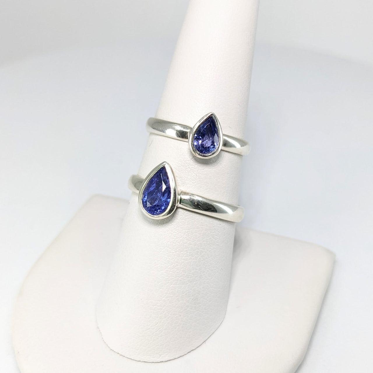 Tanzanite Faceted Teardrop Ring - Blue Sapphire Rings on White Stand #SK9358