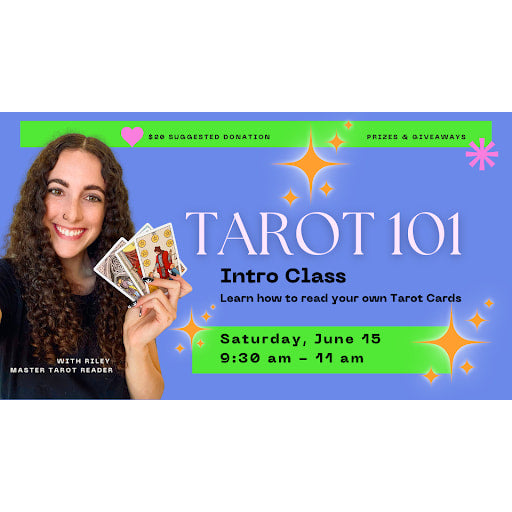 A woman holding a tarot card with a star, promoting ’Tarot 101 with Riley Mast’ event