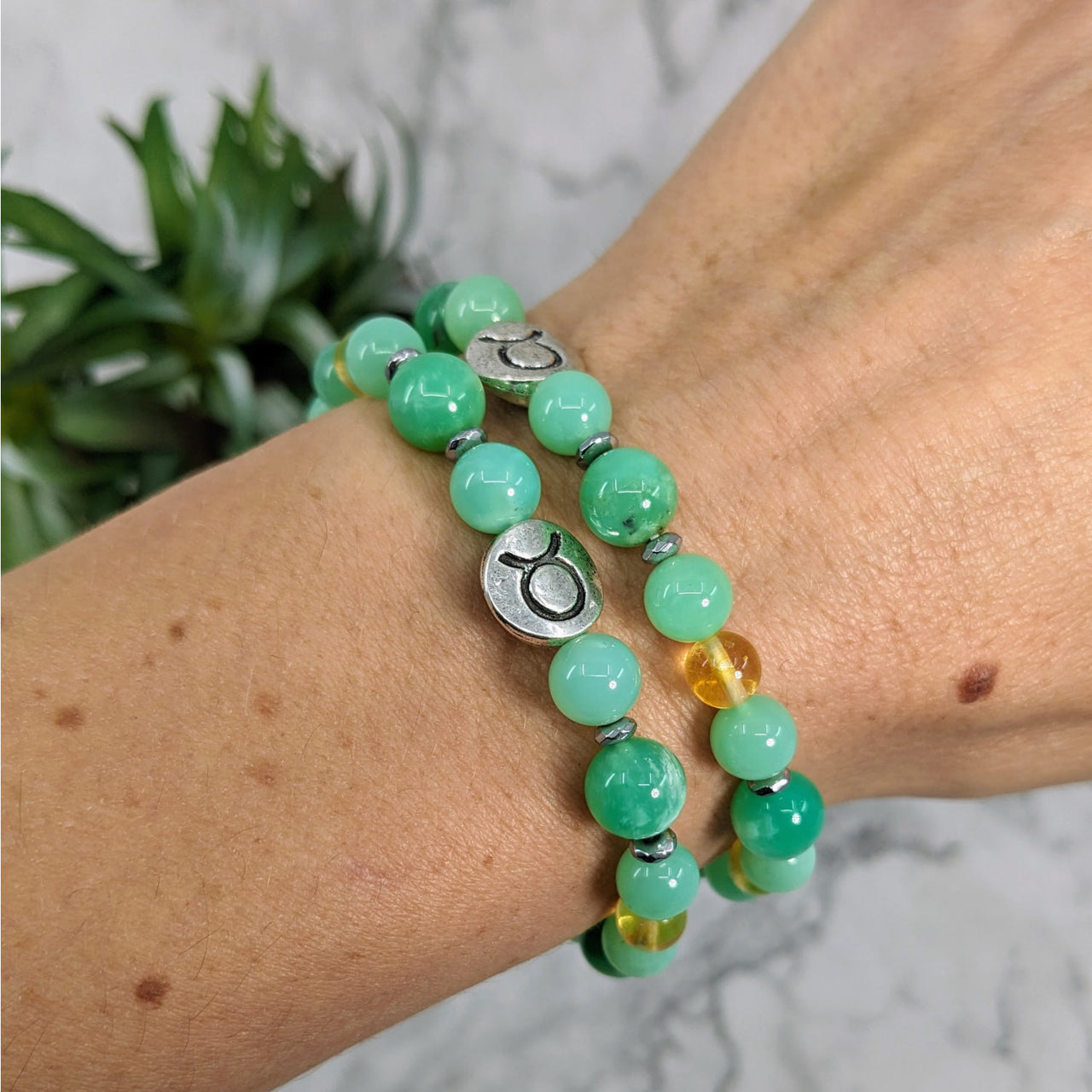 Handmade Taurus Zodiac green jade bracelet 7’ astrology sign jewelry #LV2893