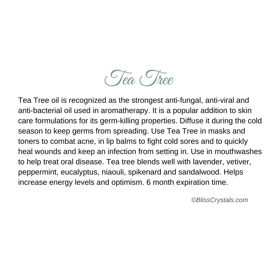 Tea Tree Essential Oil Info Card showcasing anti-aging and antibacterial properties