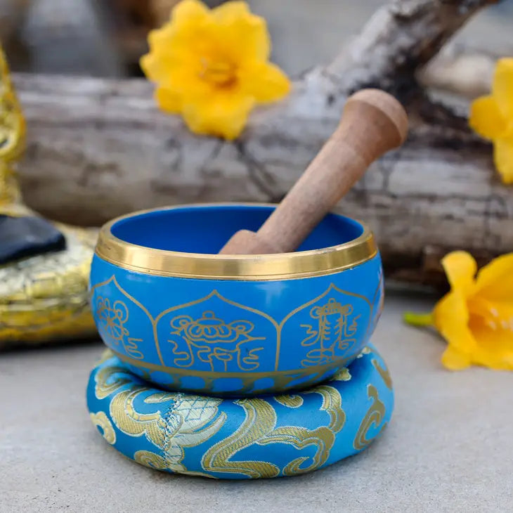 Tibetan Singing Bowl & Cushion: Turquoise Blue with Wooden Stick - #LV3731