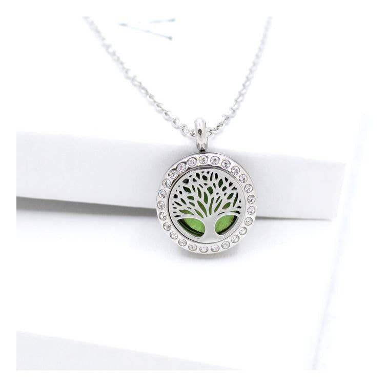 Tree of Life Aromatherapy Diffuser Necklace #P005605 in a gift box with a green tree inside