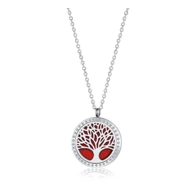 Tree of Life Aromatherapy Necklace with Gift Box: Red Pendant with White Crystals #P005605