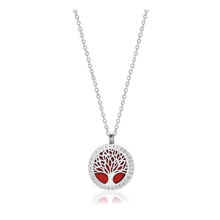 Tree of Life Aromatherapy Necklace in gift box, silver pendant with red enamel stone