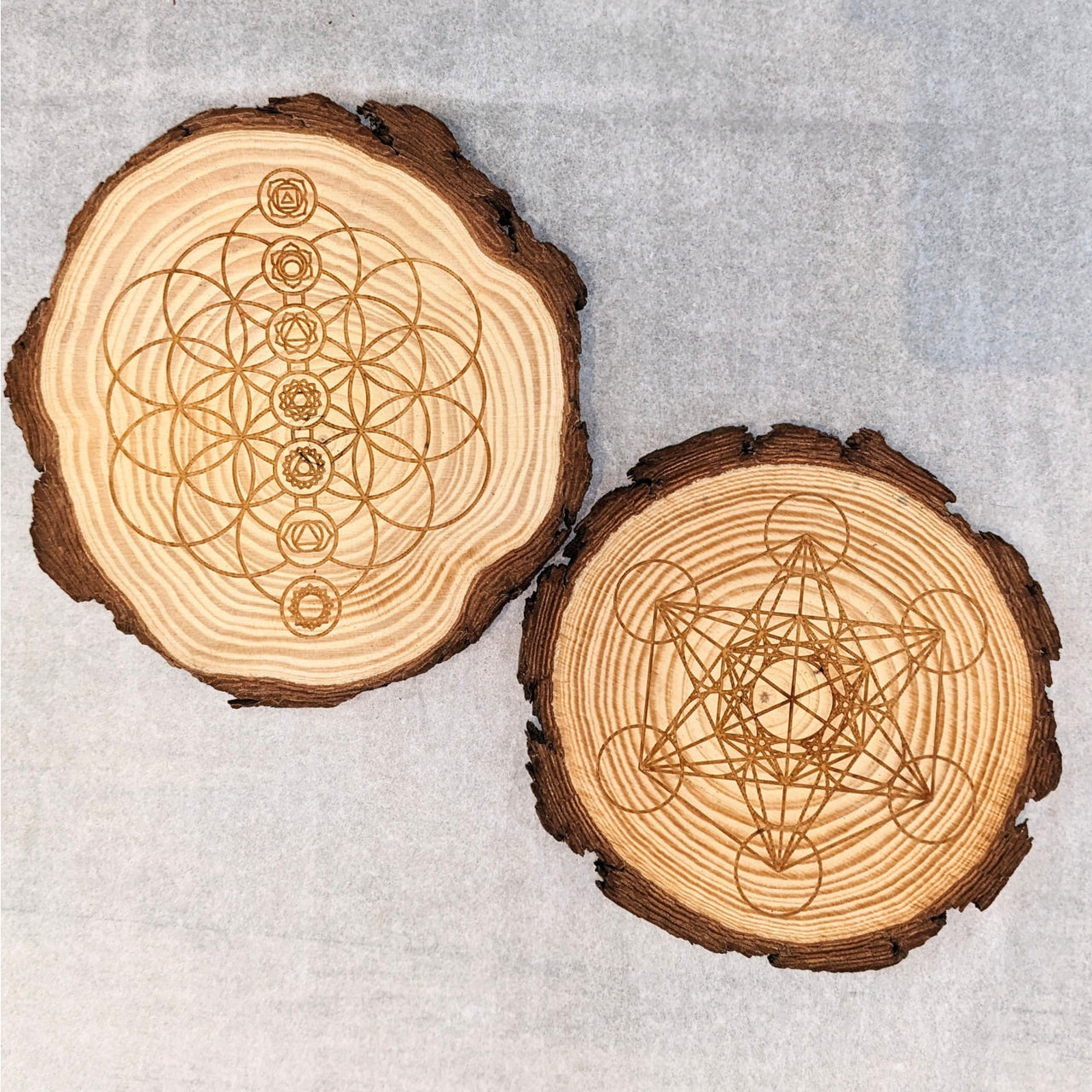 Laser-etched wooden coaster with pen; Tree Trunk Wood Grid 6.5’ #K202 elegantly displayed