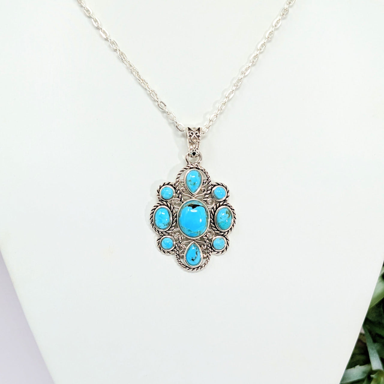 Silver necklace with turquoise stones and cross pendant - Turquoise #LV2799