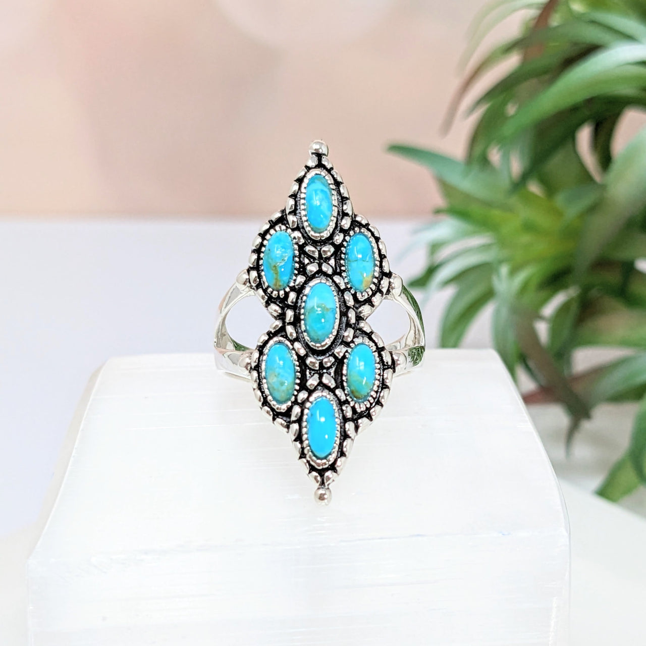 Turquoise 7 Stone Ring #LV2797: Stunning ring with turquoise stones and black diamonds