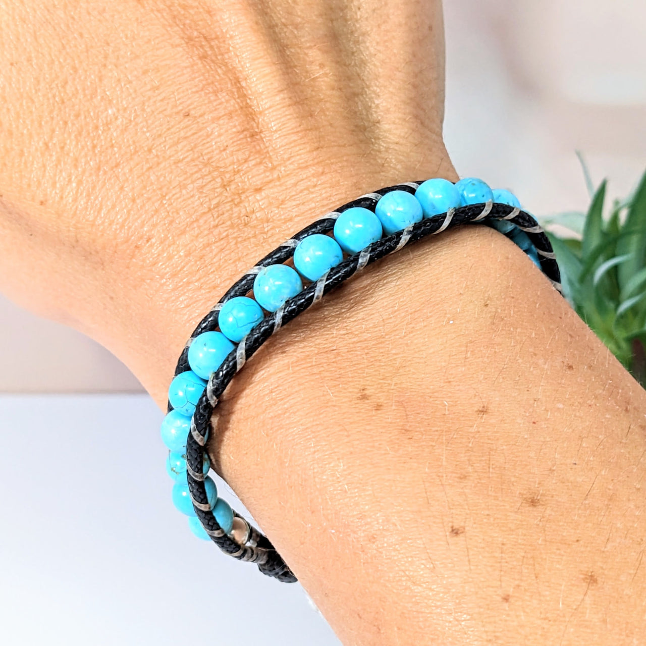 Handmade Turquoise Beaded Leather Bracelet - Style #LV2765, 8’ Customizable Design