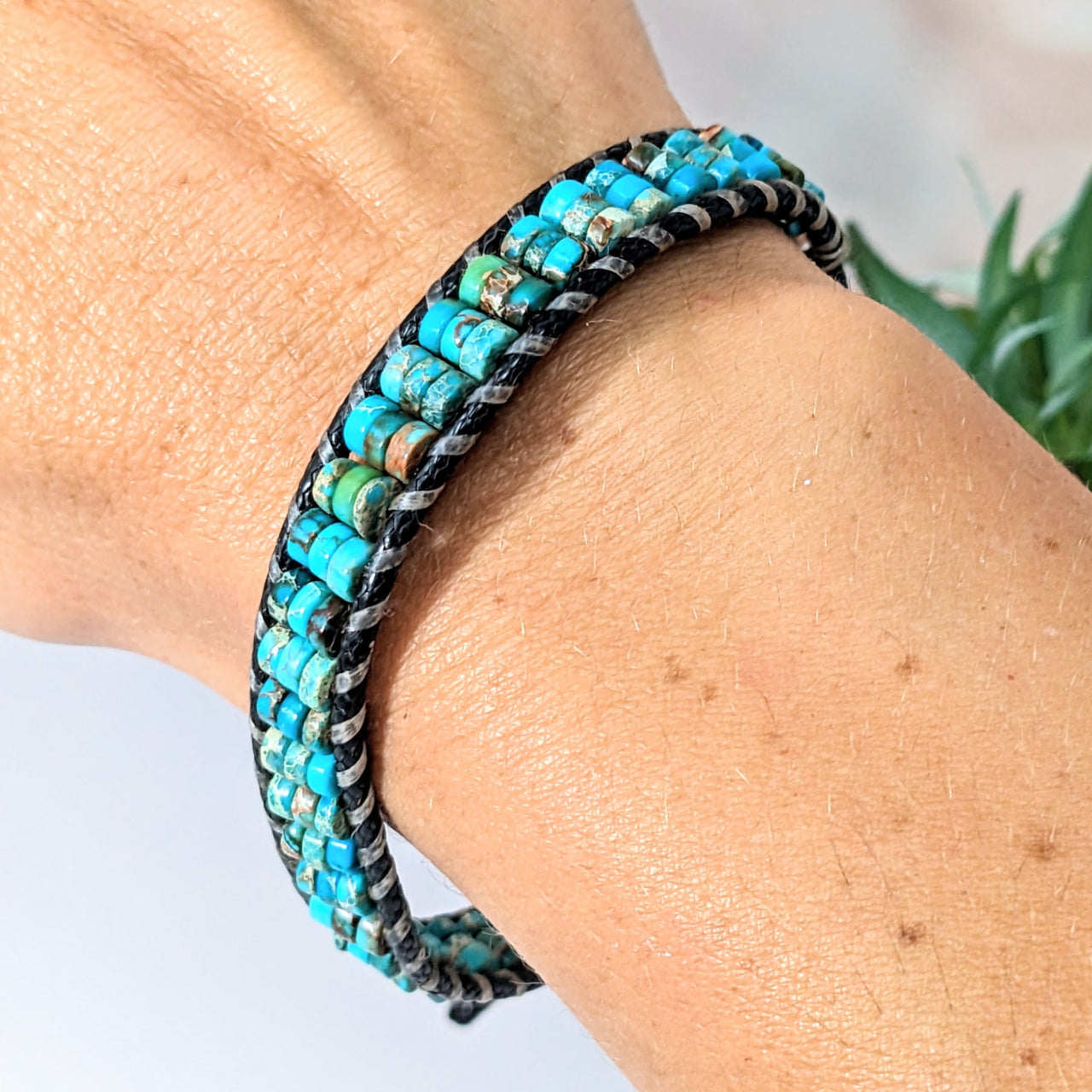 Handmade Turquoise and Black Seed Bead Bracelet, Style #LV2765