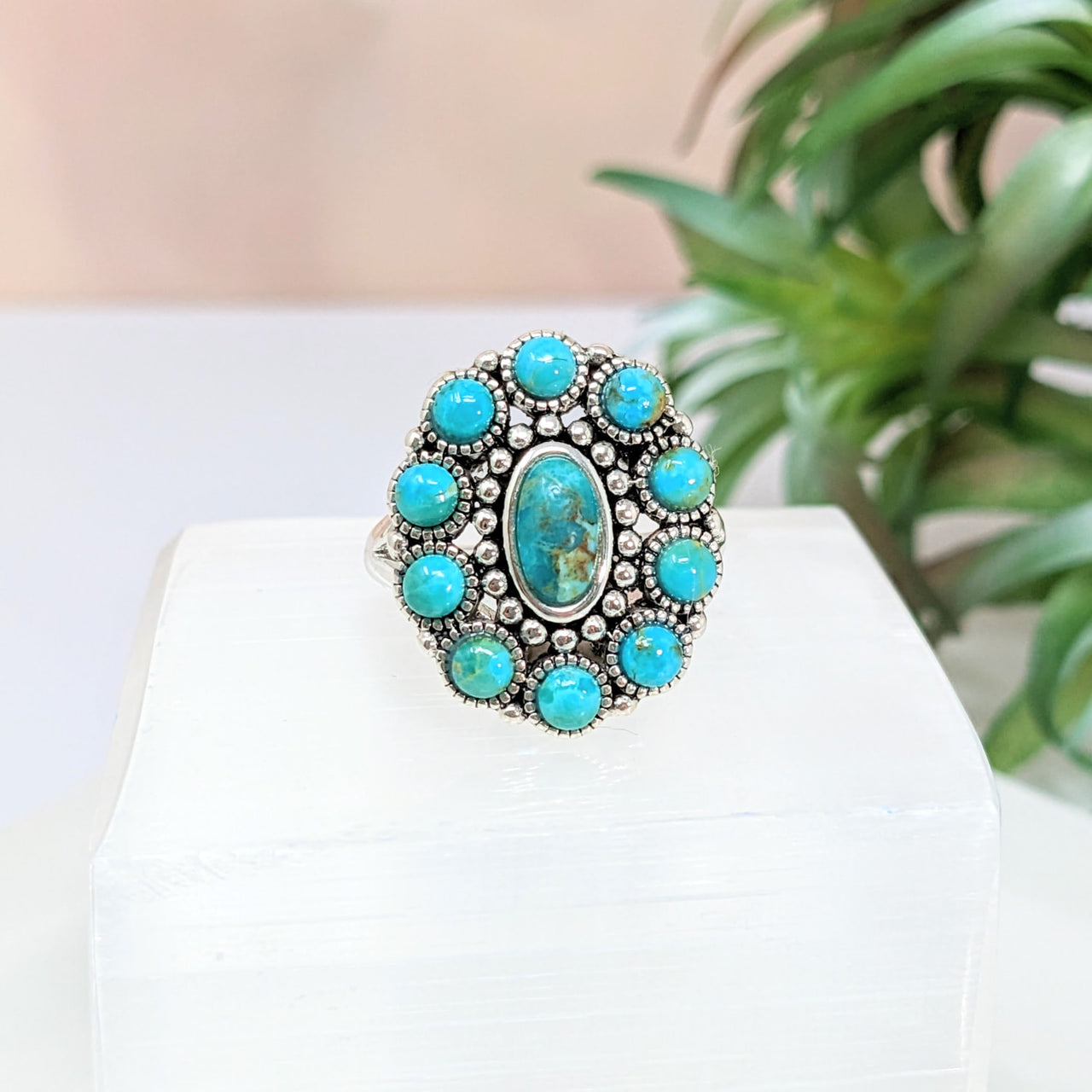 Turquoise Oval Flower Ring #LV2796 showcasing a delicate turquoise stone ring design