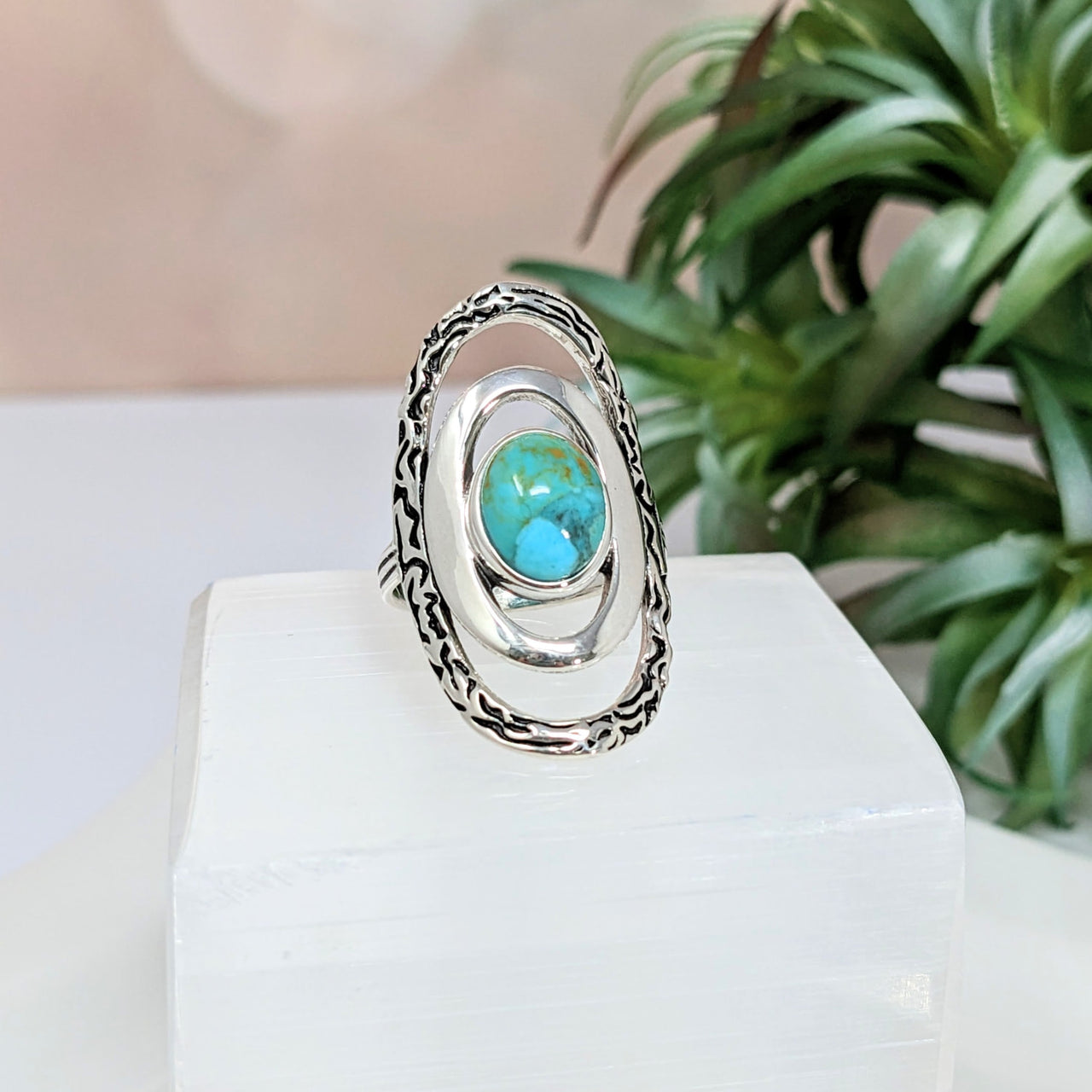 Silver ring with turquoise stone, Turquoise Oval Loop Ring #LV2795