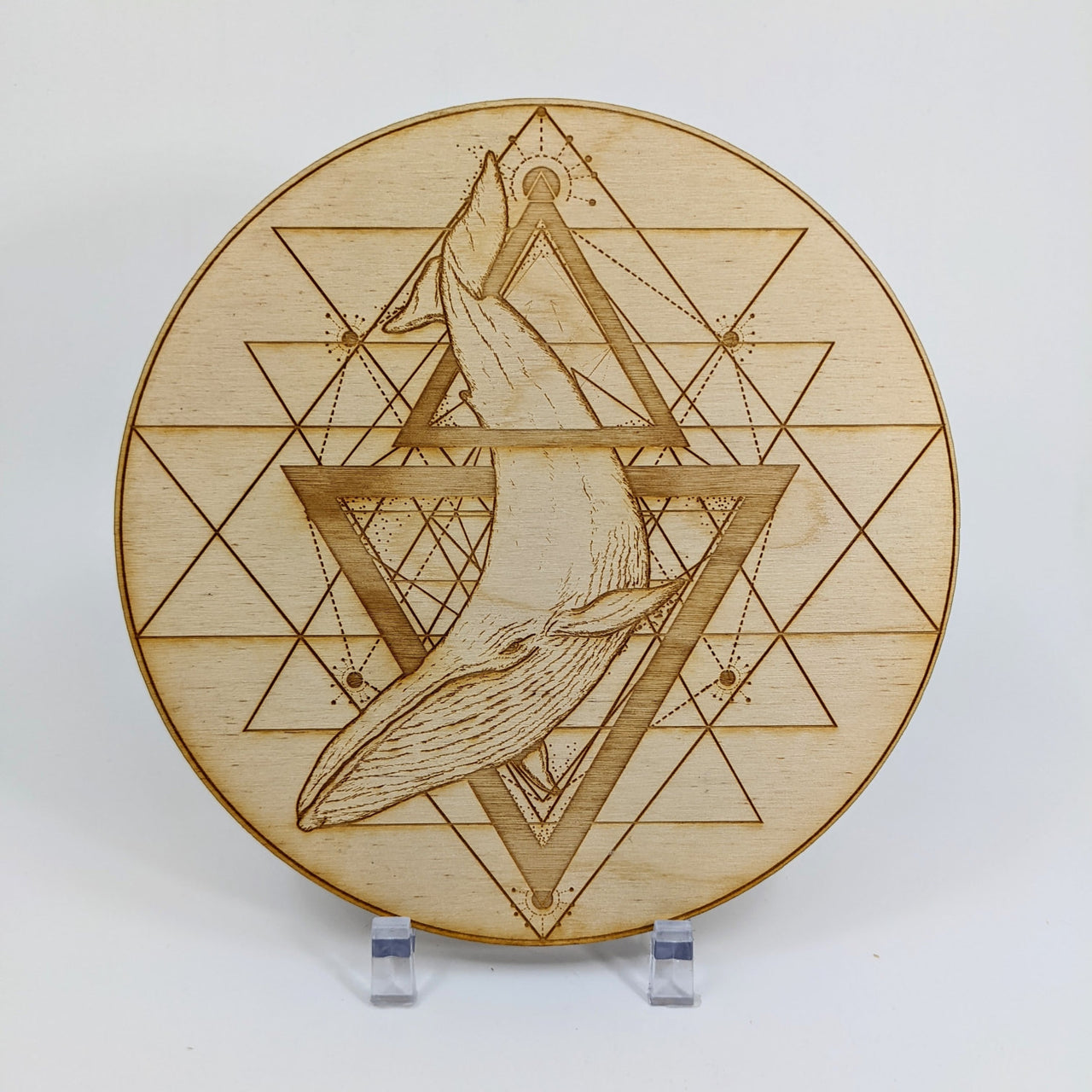 Wooden plate with whale, geometric design on alder wood for crystal grid decor