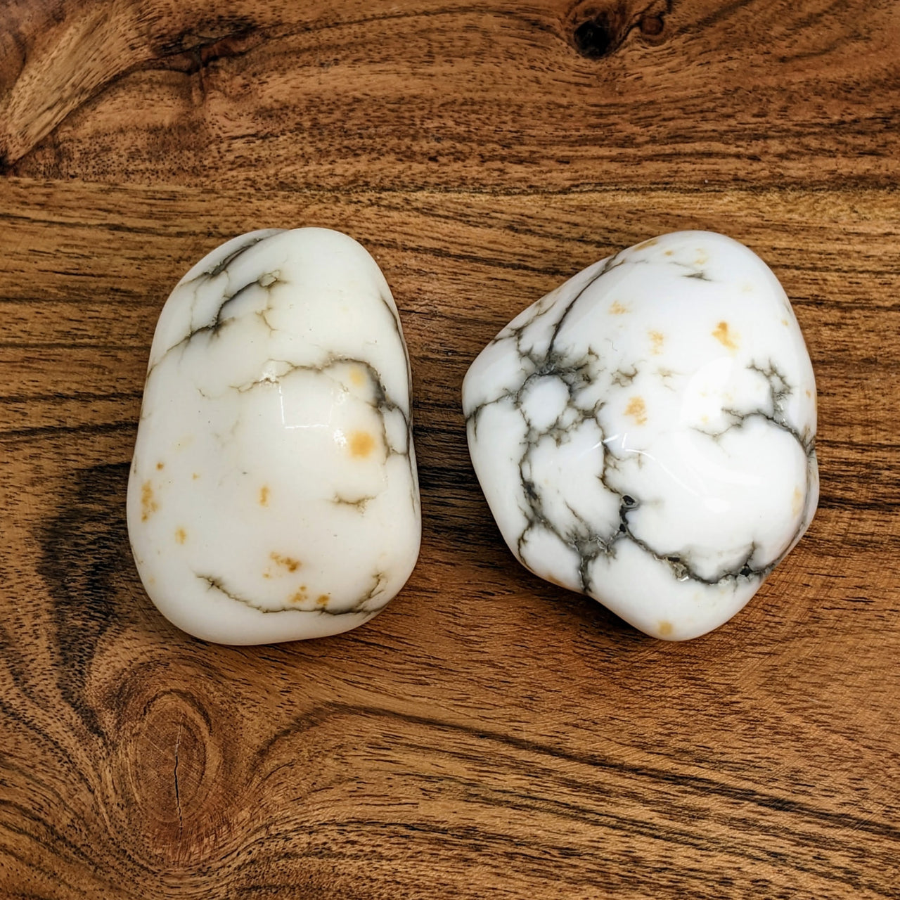 White Howlite Jumbo 2.1-2.2’ Polished Nugget #LV2917 on a wooden surface featuring two marbles