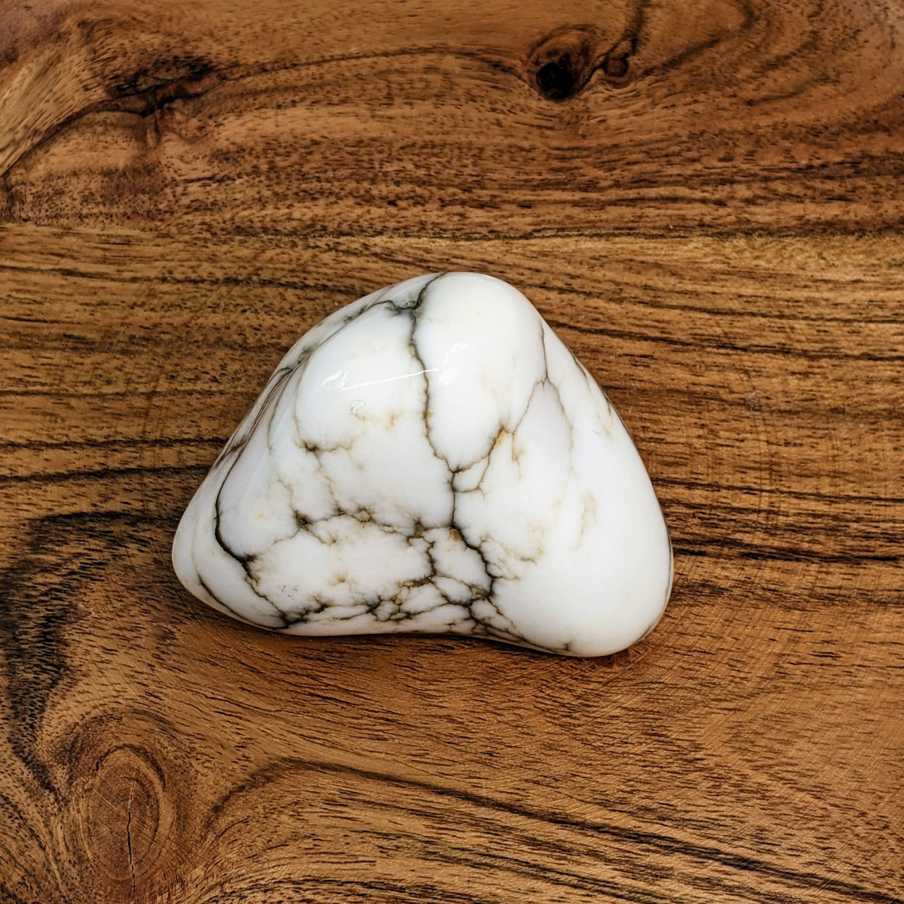 White Howlite Jumbo 2.4’ Polished Nugget #LV2914 on a wooden surface