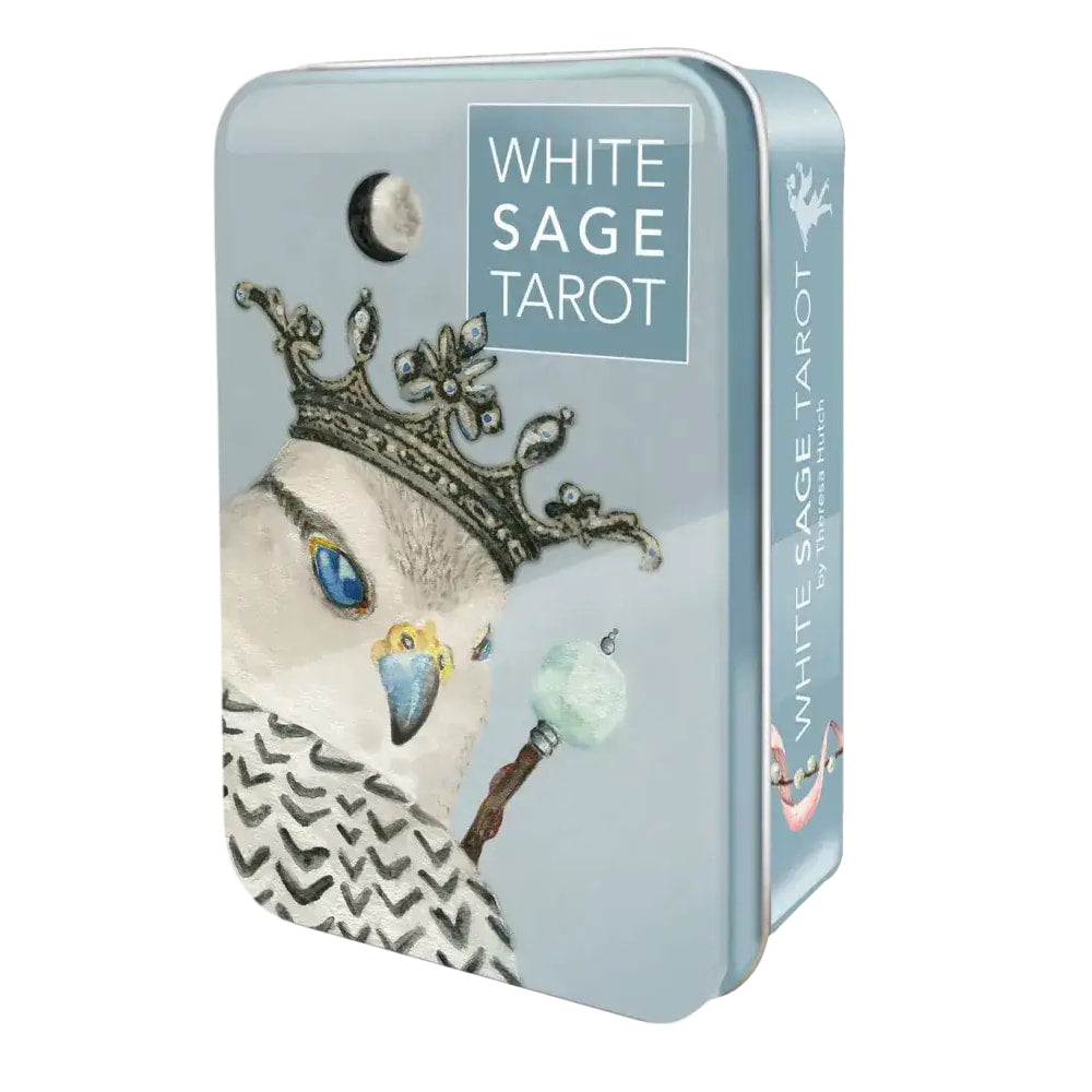 Close up of the White Sage Tarot tin box, product White Sage Tarot #WST80