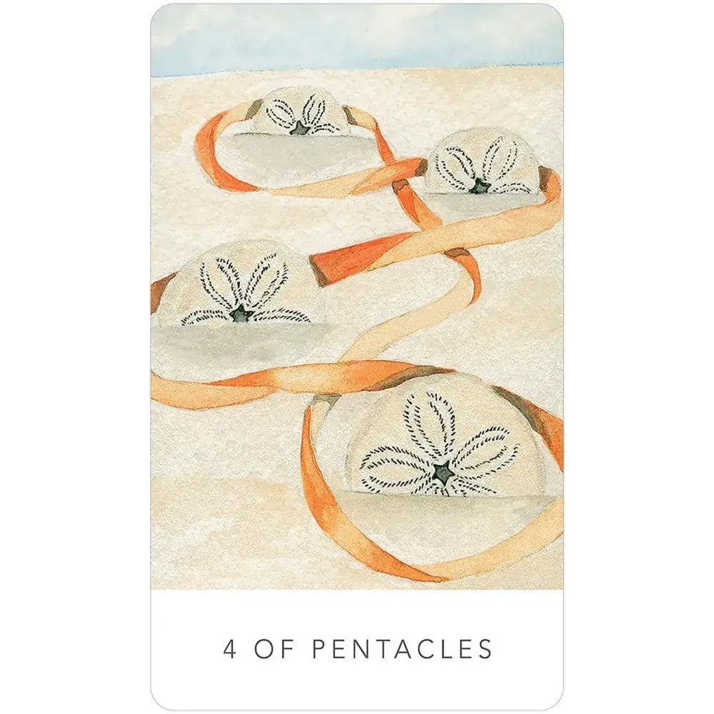 Four hats on a beach with sky background, perfect accessory for White Sage Tarot #WST80