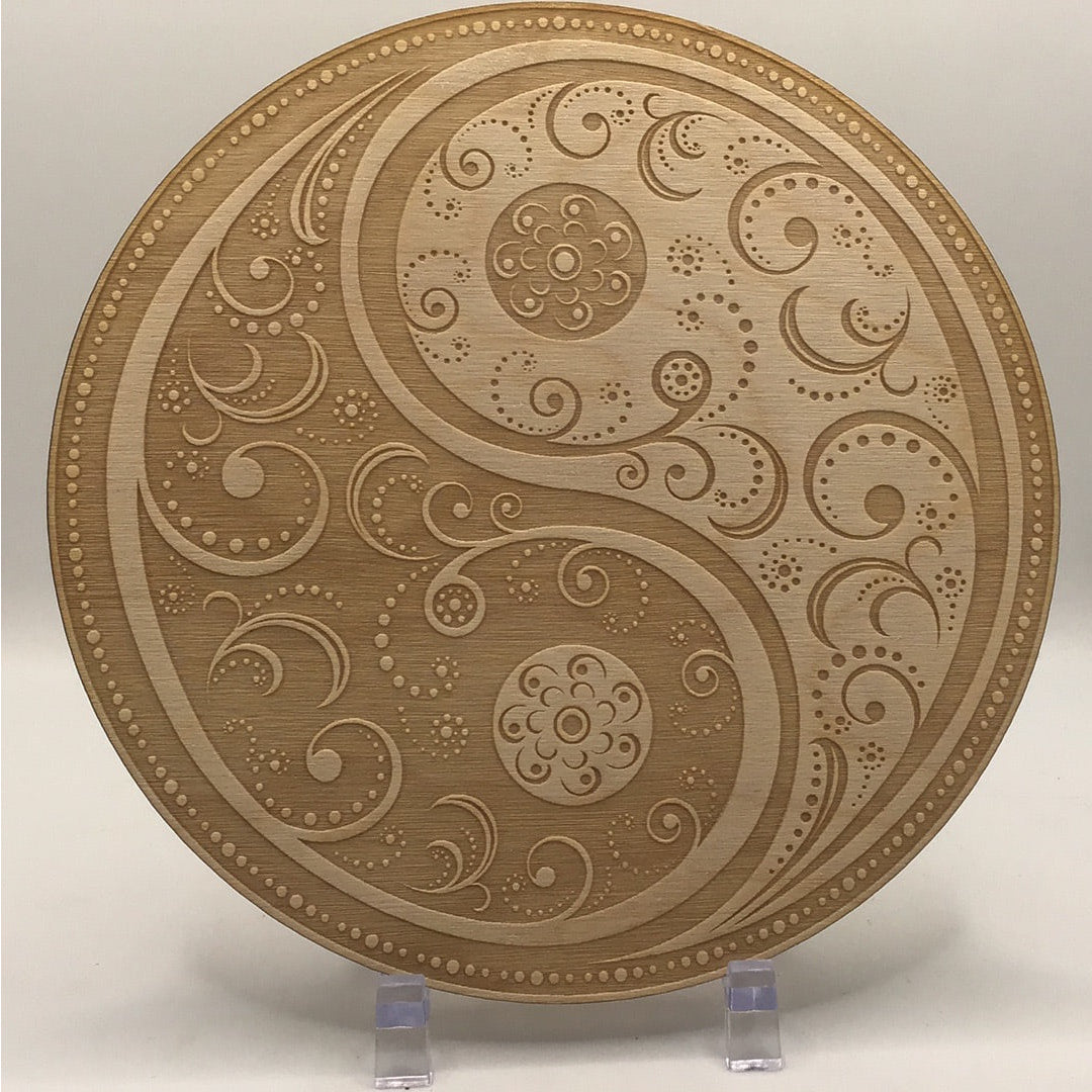 Yin Yang Etched Alder Wood Grid Plate #SK2224 with intricate wooden design