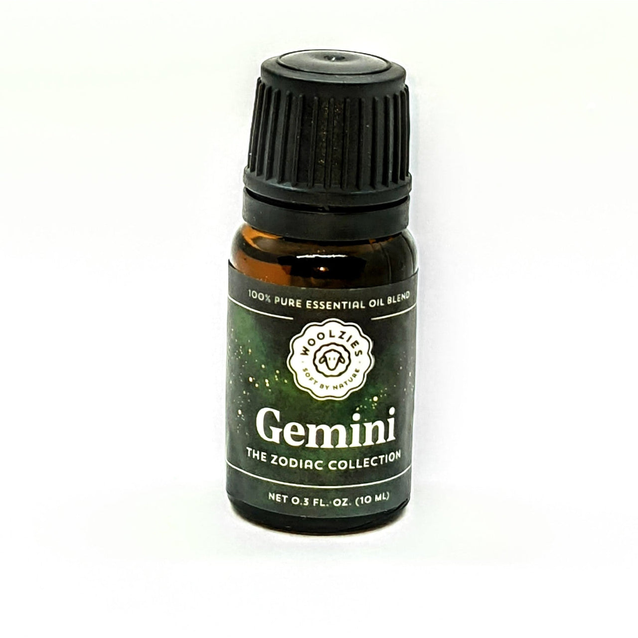 Close-up of a bottle of Zodiac Essential Oil Blend by Woolzies #Q199 germini essential oil