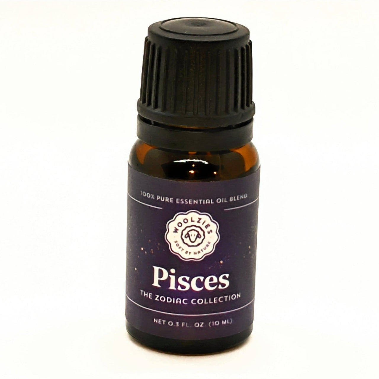 Close-up of Zodiac Essential Oil Pisces blend bottle by Woolzies on white background