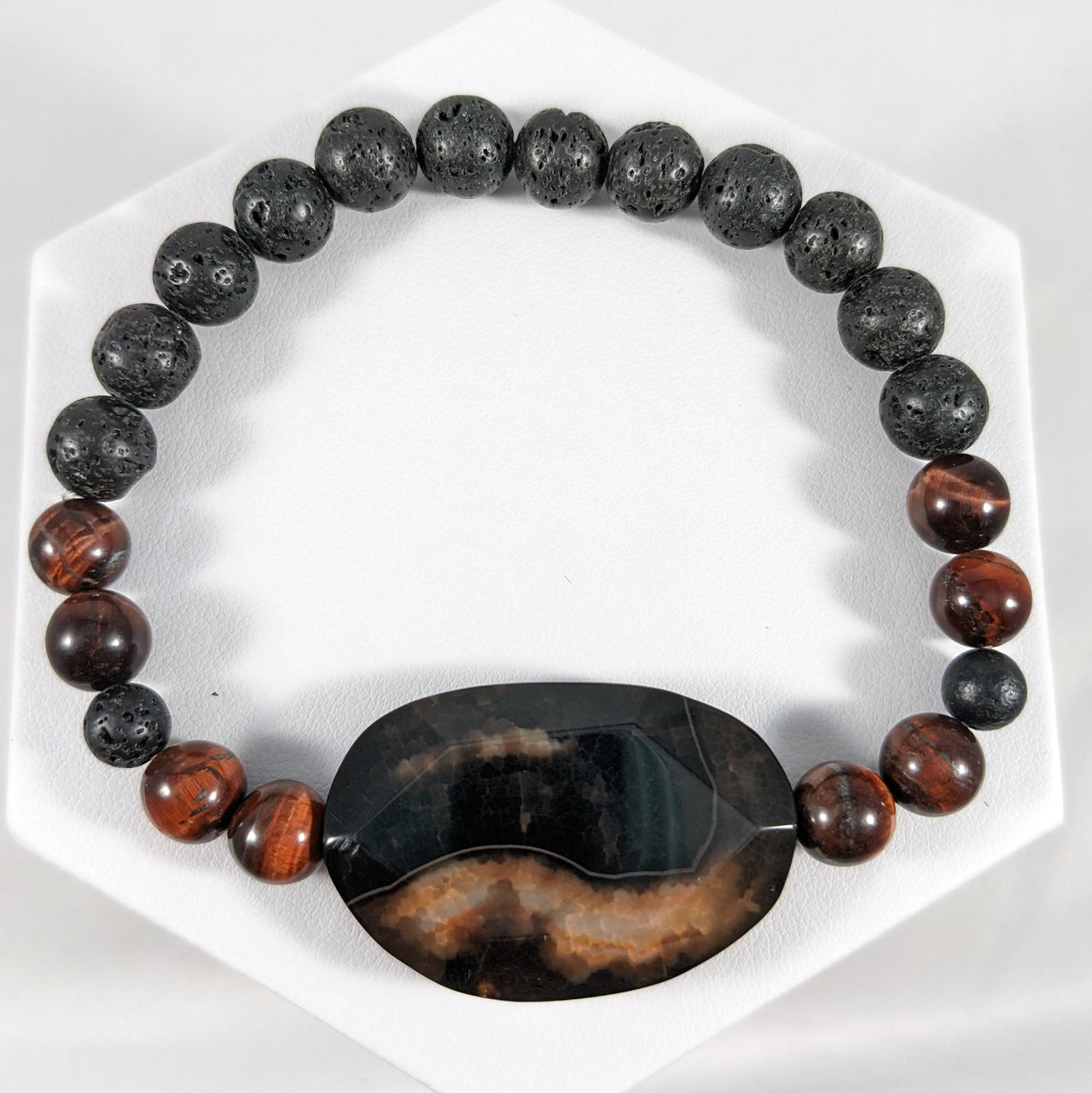 Black Agate, Red Tiger's Eye and Lava bead, 6mm-8mm Men's Bracelet #J900