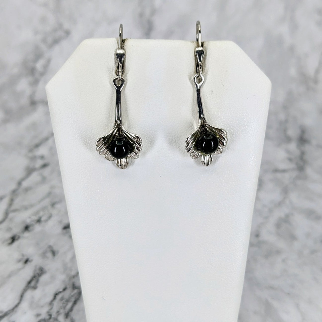 SALE Moldavite Sterling Silver Leaf Earrings with round polished beads #J929