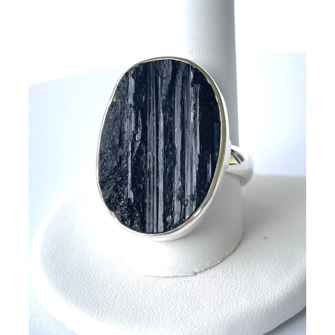 Black Tourmaline Ring Oval SS Adj Sz 9.5 #VT006 - $144