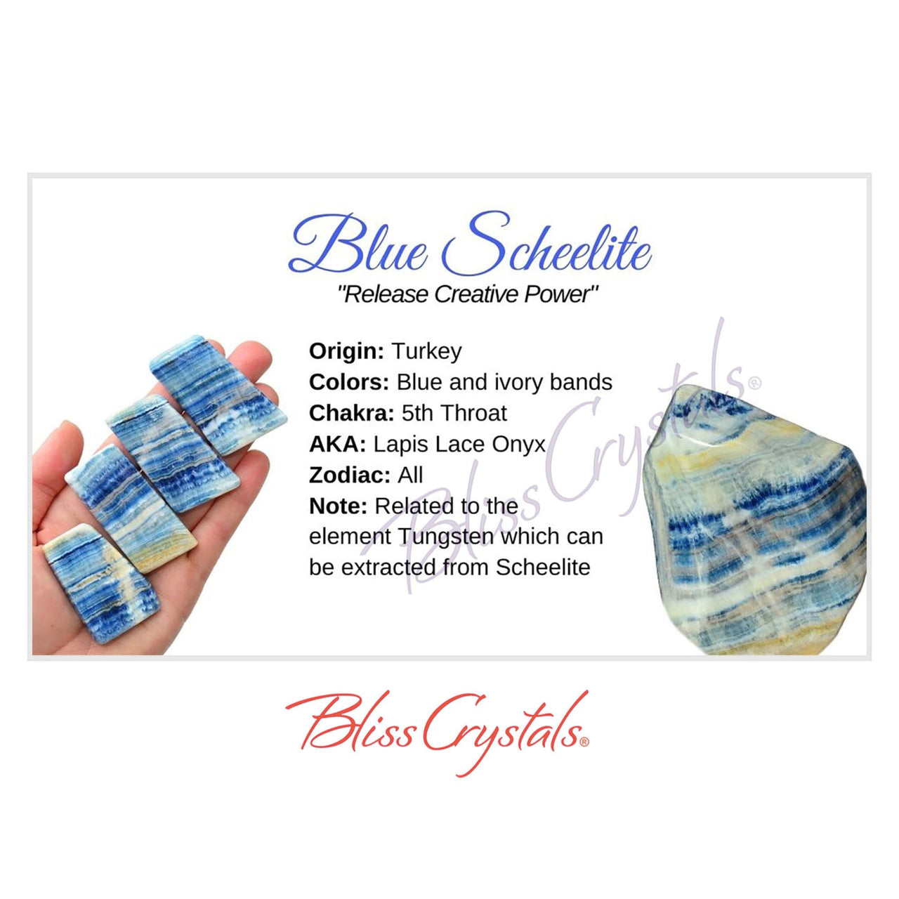 BLUE SCHEELITE Crystal Information Card Double sided #HC176 