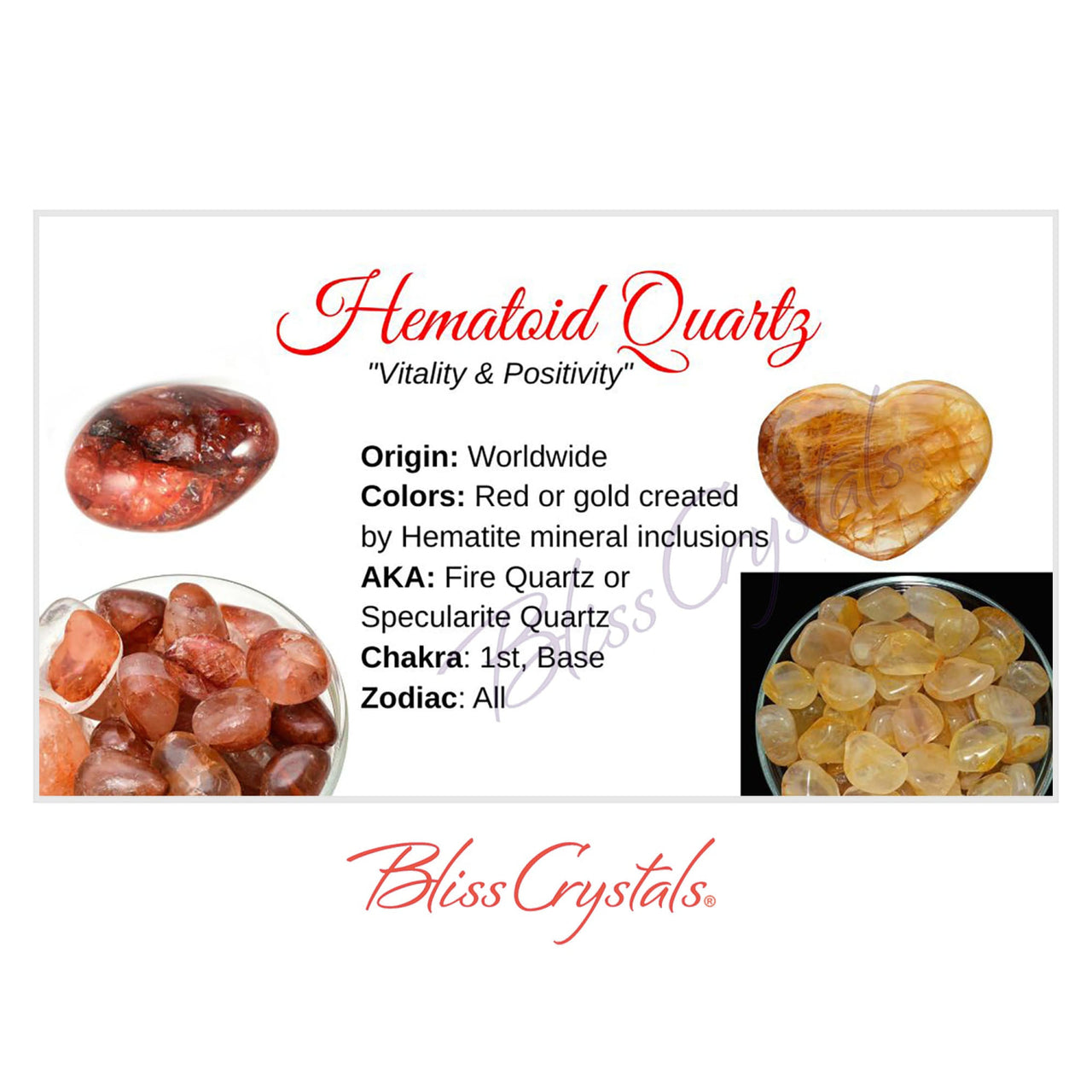 HEMATOID QUARTZ Crystal Information Card Double sided #HC115