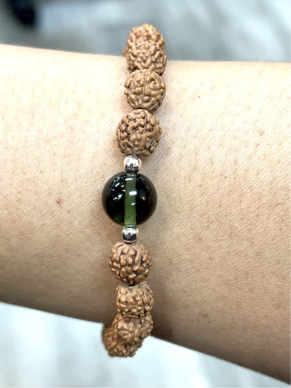 SALE Moldavite + Rudraksha 7.5" Beaded Bracelet #SK2193