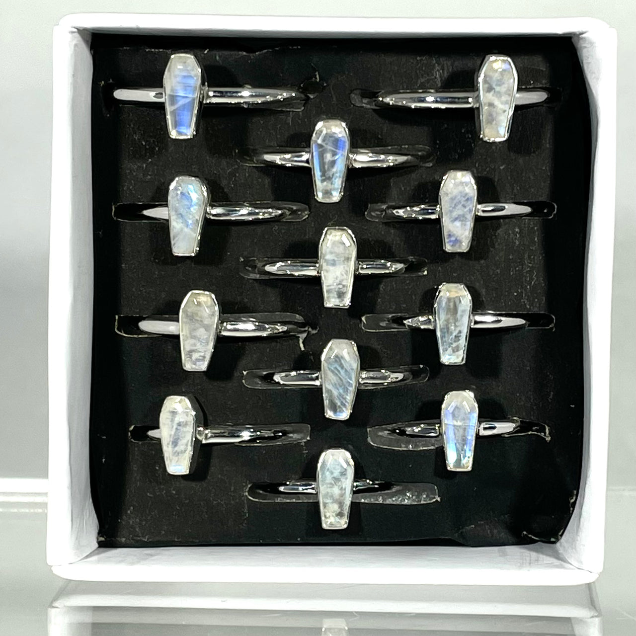 Rainbow Moonstone Coffin Dainty S.S Ring #J829