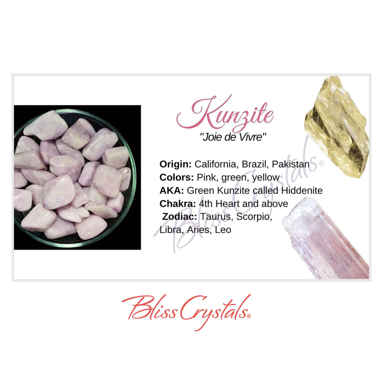 KUNZITE Crystal Information Card Double sided #HC96