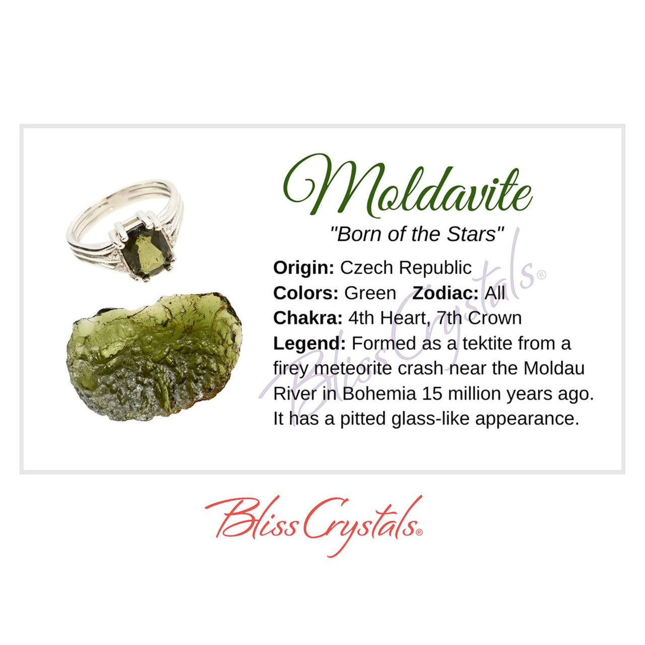 MOLDAVITE Crystal Information Card Double sided #HC42