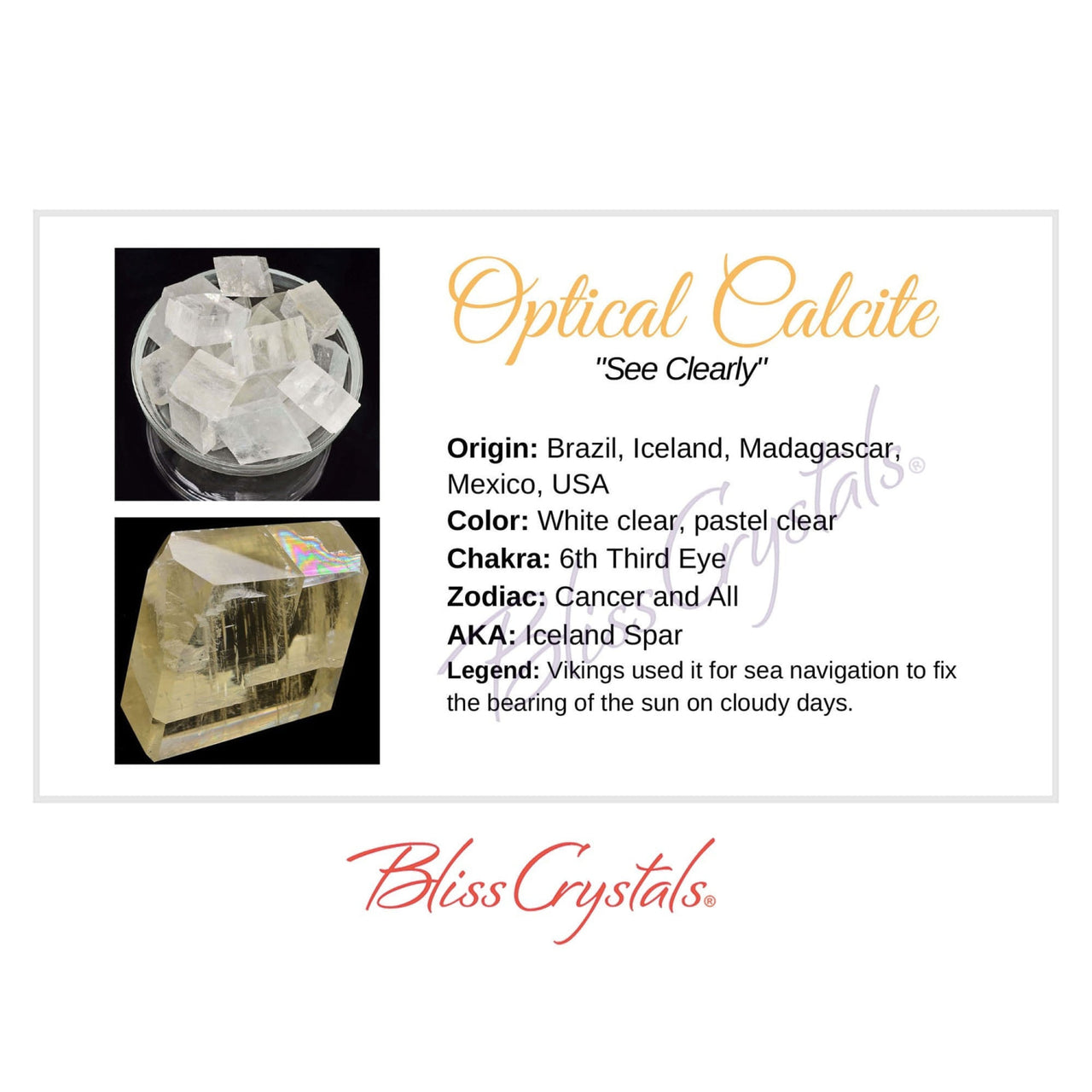 OPTICAL CALCITE Crystal Information Card Double sided #HC140