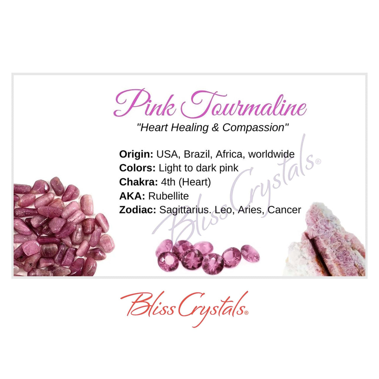 PINK TOURMALINE Crystal Information Card Double sided #HC162