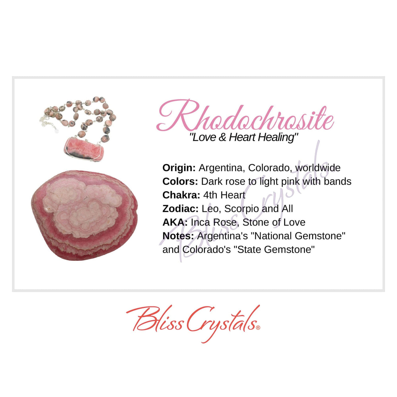 RHODOCHROSITE Crystal Information Card Double sided #HC137